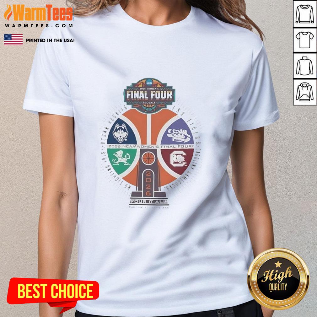 nice-ncaa-womens-final-four-phoenix-2026-four-it-all-basketball-trophy-logo-ladies-tee Alt Text: NCAA Women's Final Four 2026 logo on a stylish ladies' tee featuring a basketball trophy design in Phoenix.