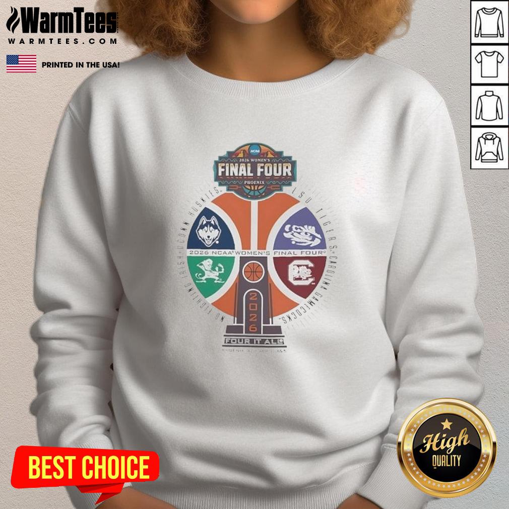nice-ncaa-womens-final-four-phoenix-2026-four-it-all-basketball-trophy-logo-sweatshirt Alt Text: NCAA Women's Final Four 2026 sweatshirt featuring the Phoenix basketball trophy logo for fans and supporters.