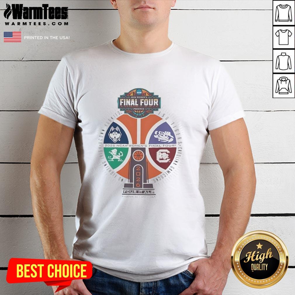 nice-ncaa-womens-final-four-phoenix-2026-four-it-all-basketball-trophy-logo-t-shirt Alt Text: NCAA Women's Final Four Phoenix 2026 logo T-shirt featuring a basketball trophy design and vibrant colors.