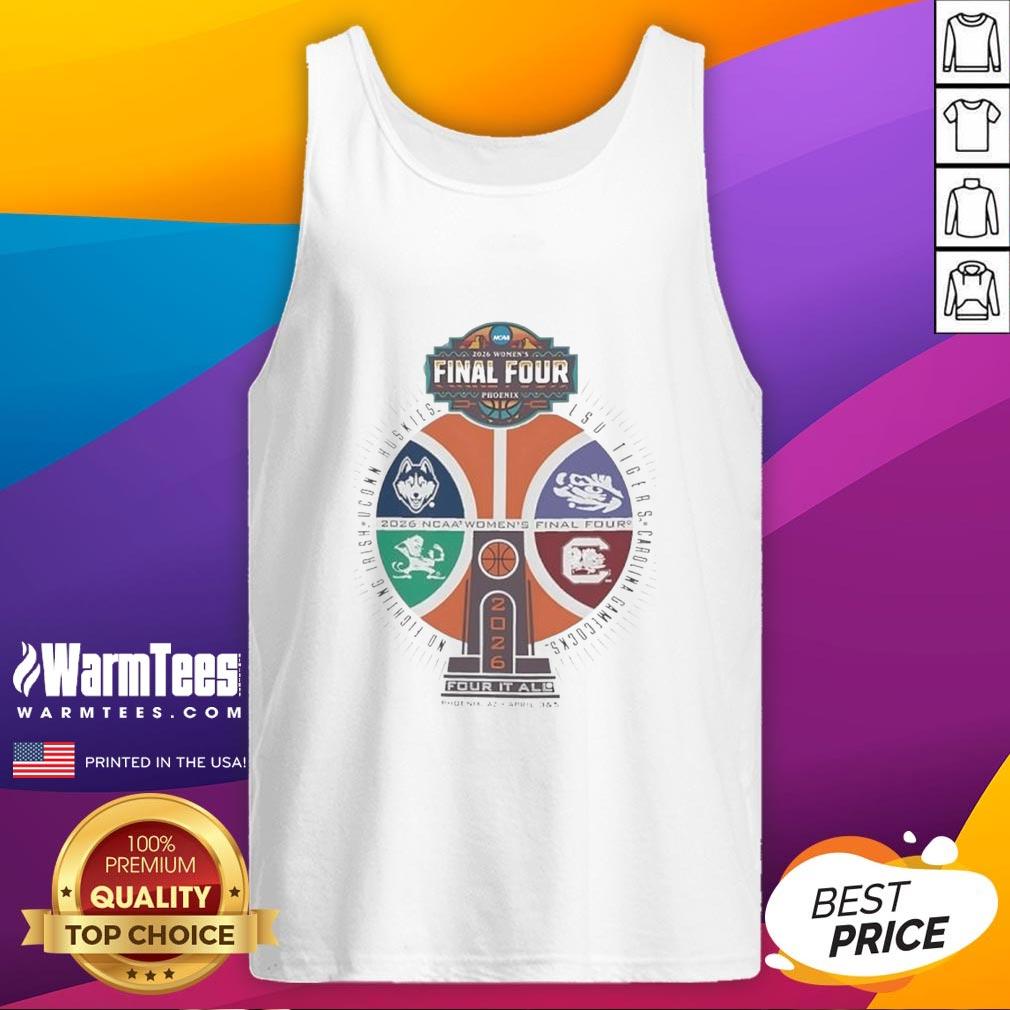nice-ncaa-womens-final-four-phoenix-2026-four-it-all-basketball-trophy-logo-tank-top Alt Text: Stylish tank top featuring the Nice NCAA Women's Final Four 2026 Phoenix logo and basketball trophy design.