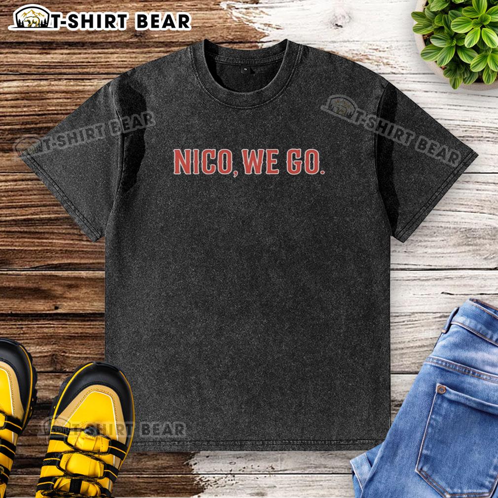 Nice Nico We Go Nico Hoerner Chicago Cubs Baseball Washed T Shirt Alt Text: Nico Hoerner wearing a Chicago Cubs baseball washed t-shirt, showcasing team spirit and style on game day.