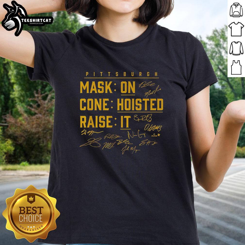 nice-pittsburgh-baseball-mask-on-cone-hoisted-raise-it-ladies-tee Stylish Pittsburgh baseball mask on a cone, featured on a raised ladies tee, perfect for game day.
