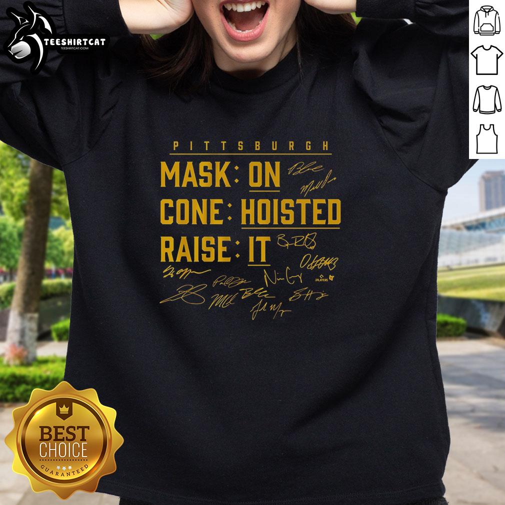 nice-pittsburgh-baseball-mask-on-cone-hoisted-raise-it-sweatshirt Alt Text: Stylish Pittsburgh baseball mask on a cone, featured on a trendy sweatshirt, perfect for sports fans.