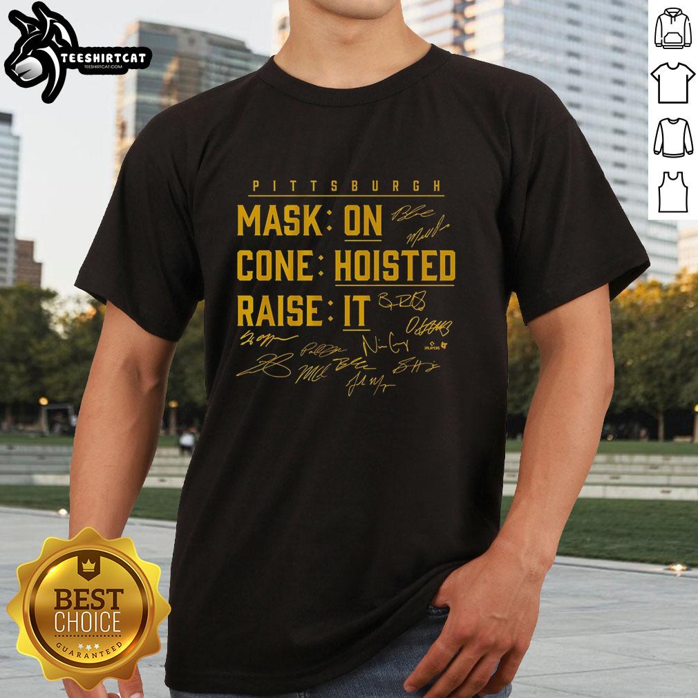 nice-pittsburgh-baseball-mask-on-cone-hoisted-raise-it-t-shirt Alt Text: Nice Pittsburgh baseball mask on a cone, featured on a Raise It t-shirt, perfect for fans celebrating the team.