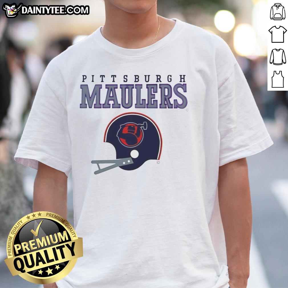 nice-pittsburgh-maulers-usfl-helmet-and-wordmark-t-shirt Alt Text: Pittsburgh Maulers USFL helmet and wordmark t-shirt design featuring vibrant colors and team logo.