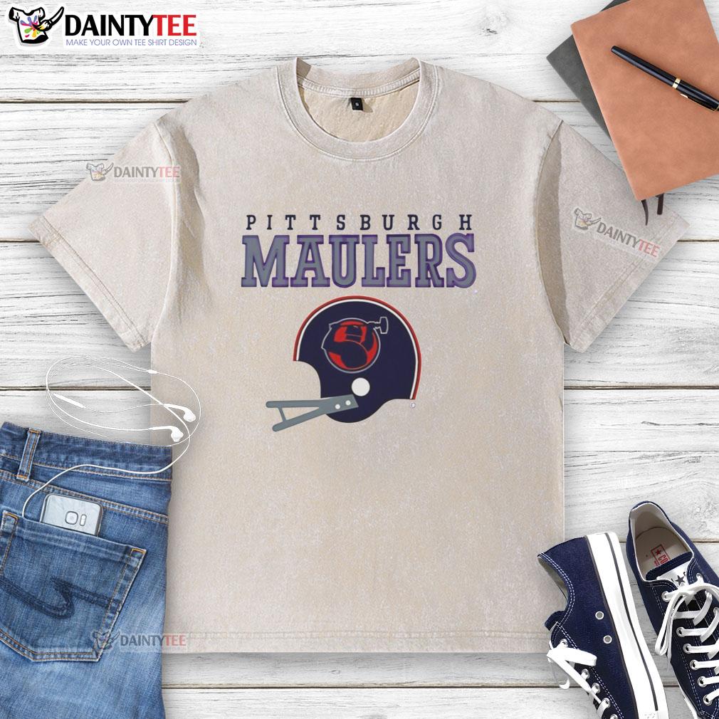 nice-pittsburgh-maulers-usfl-helmet-and-wordmark-washed-t-shirt Nice Pittsburgh Maulers USFL helmet and wordmark on a washed t-shirt, showcasing team spirit and style.
