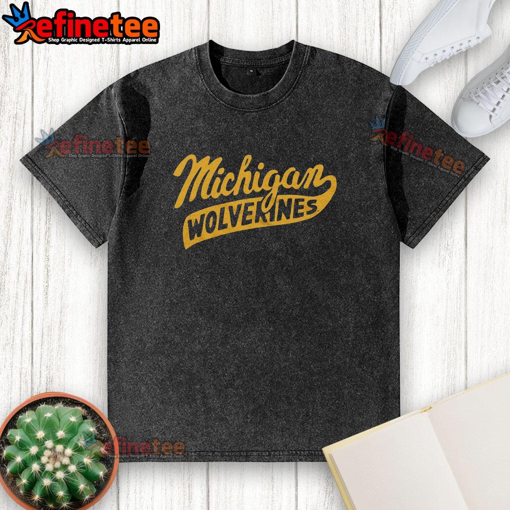 nice-script-michigan-wolverines-washed-t-shirt Nice Script Michigan Wolverines Washed T-Shirt in navy blue, featuring classic logo and relaxed fit for fans.