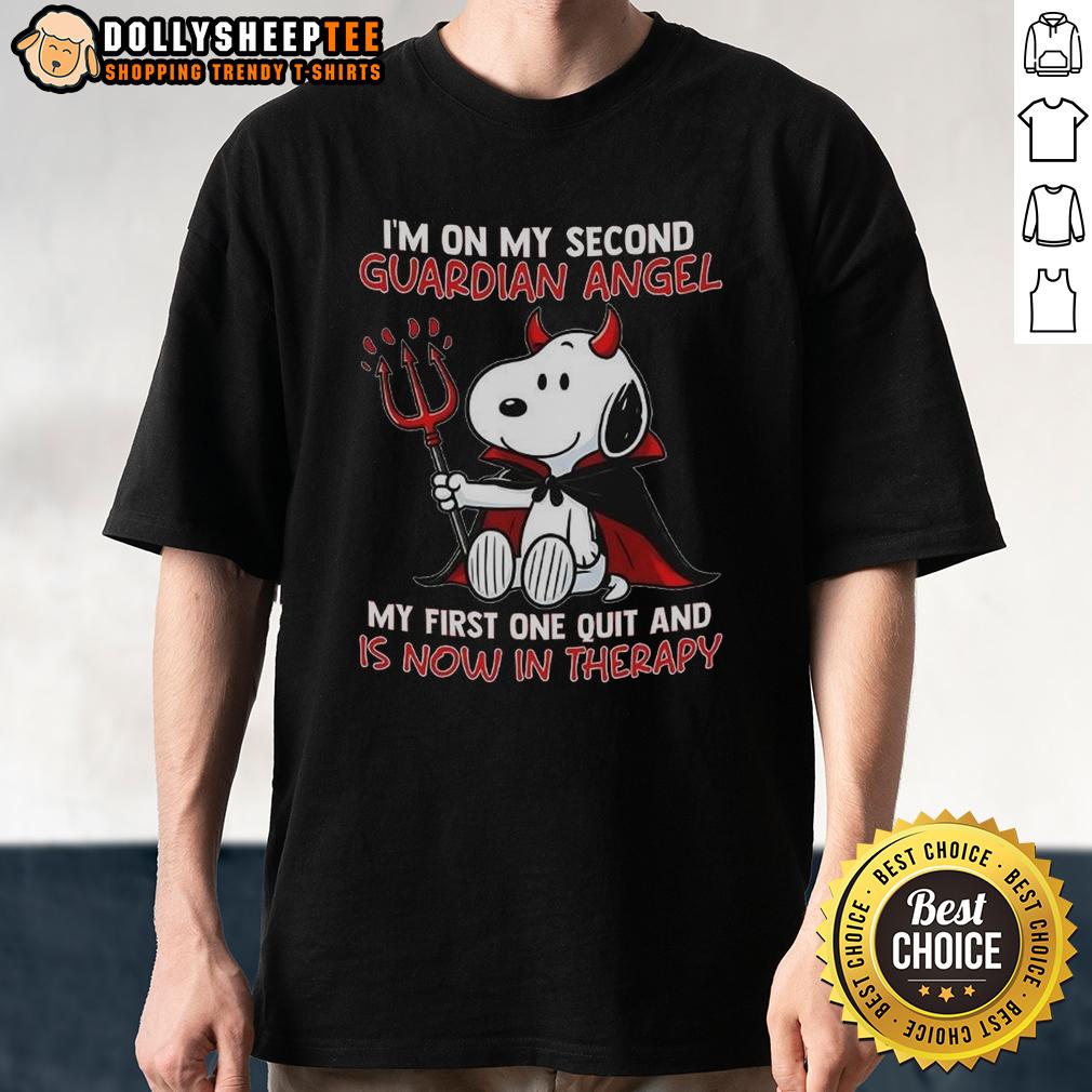 Nice Snoopy I'm On My Second Guardian Angel My First One Quit And Is Now In Therapy T-Shirt Alt Text: Funny Snoopy t-shirt featuring 'I'm On My Second Guardian Angel' design, perfect for humor lovers and dog fans.