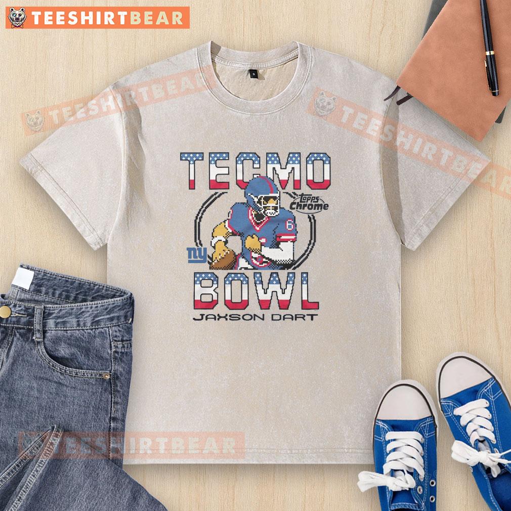 nice-tecmo-bowl-x-topps-chrome-giants-jaxson-dart-washed-t-shirt Alt Text: Nice Tecmo Bowl X Topps Chrome Giants Jaxson Dart washed t-shirt showcasing retro gaming style and team pride.