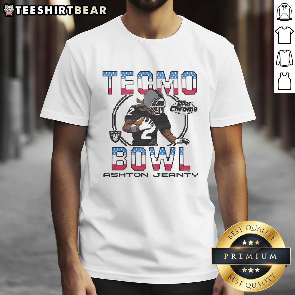 nice-tecmo-bowl-x-topps-chrome-raiders-ashton-jeanty-t-shirt-1 Alt Text: Nice Tecmo Bowl X Topps Chrome Raiders Ashton Jeanty T-Shirt featuring vibrant graphics and sporty design.