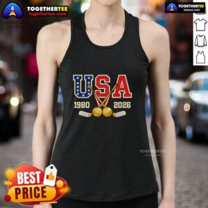 Vintage USA Champions tank top featuring 1980 and 2026 hockey designs, perfect for fans of American sports history.