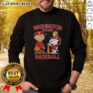 Alt Text: Good Charlie Brown, Snoopy, and Woodstock in Washington Nationals baseball jersey sweatshirt, Est. 1969 design.