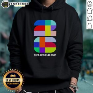 Awesome FIFA 2026 World Cup colour logo emblem hoodie featuring vibrant graphics and a comfortable design.
