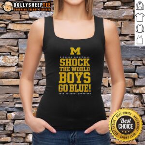 Michigan Wolverines NCAA Men's Basketball National Champions 2026 tank top featuring 'Shock The World' and 'Go Blue' design.