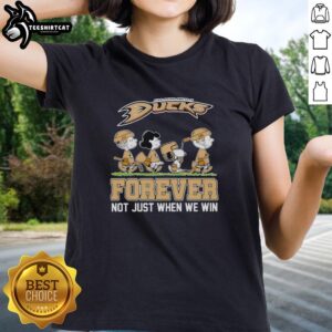 Cute Peanuts characters with Anaheim Ducks NHL logo on a ladies tee, celebrating fandom beyond just winning.