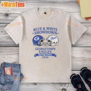 Pretty blue and white Georgetown Eagles Spring Game 2026 washed t-shirt featuring team logo and vibrant colors.