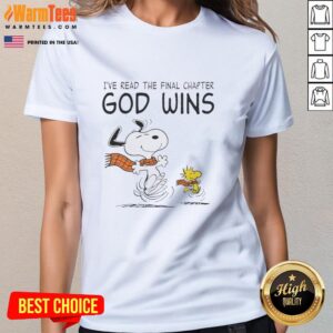 Pretty Snoopy and Woodstock graphic on a ladies tee featuring 'I've Read The Final Chapter, God Wins' design.