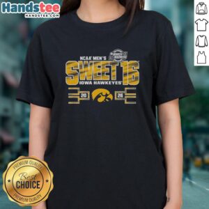 Alt Text: Nice Iowa Hawkeyes NCAA Men's March Madness Sweet 16 2026 ladies tee featuring team colors and logo design.