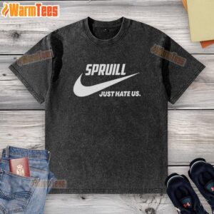 Alt Text: Good Spruill Just Hate Us parody logo on a washed t-shirt, featuring a playful design and vibrant colors.