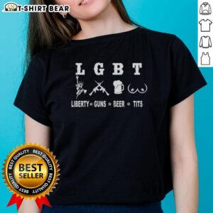 Alt Text: Nice LGBT Liberty Guns Beer Tits Icon Meme design on a ladies tee, showcasing a bold and humorous statement.