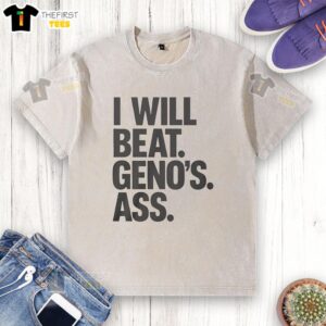 Premium I Will Beat Genos Ass Washed T-Shirt featuring bold graphic design for anime fans and casual wear enthusiasts.