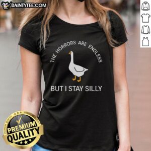 Alt Text: Pretty The Horrors Are Endless But I Stay Silly Ladies Tee featuring a playful design on a stylish women's shirt.