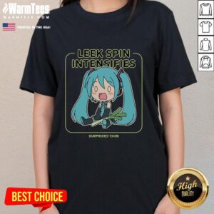 Surprised chibi Miku spins with a cute leek on a ladies tee, perfect for anime fans and Miku lovers.