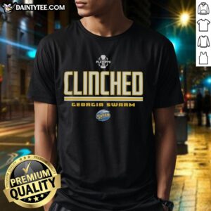 Alt Text: Top Georgia Swarm Clinched NLL 2026 Playoffs Logo T-Shirt featuring vibrant team colors and playoff emblem.