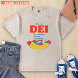 Funny I Love Dei graphic on a t-shirt, depicting a playful design of a character devouring food.
