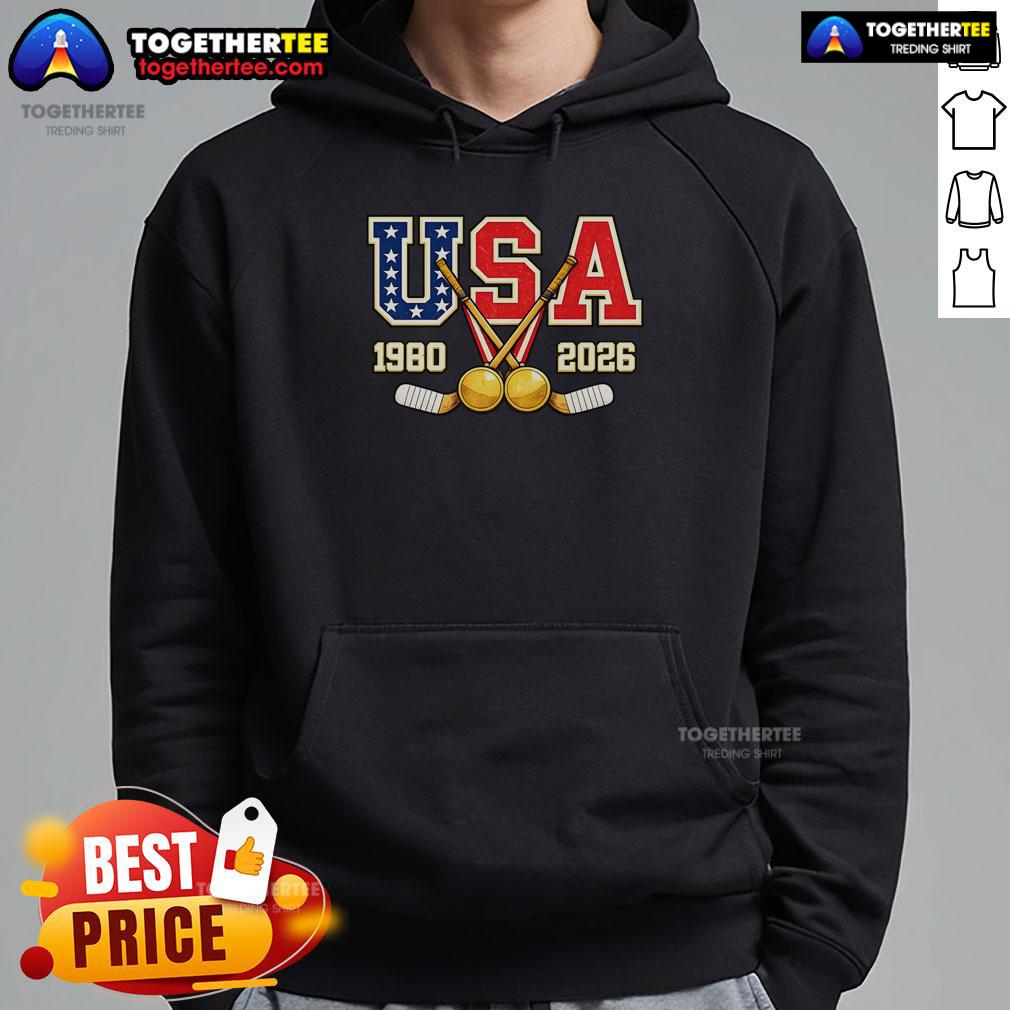 Official 1980 And 2026 Hockey Vintage Usa Champions Hoodie Alt Text: Vintage USA Champions hoodie featuring 1980 and 2026 hockey designs, perfect for fans and collectors.