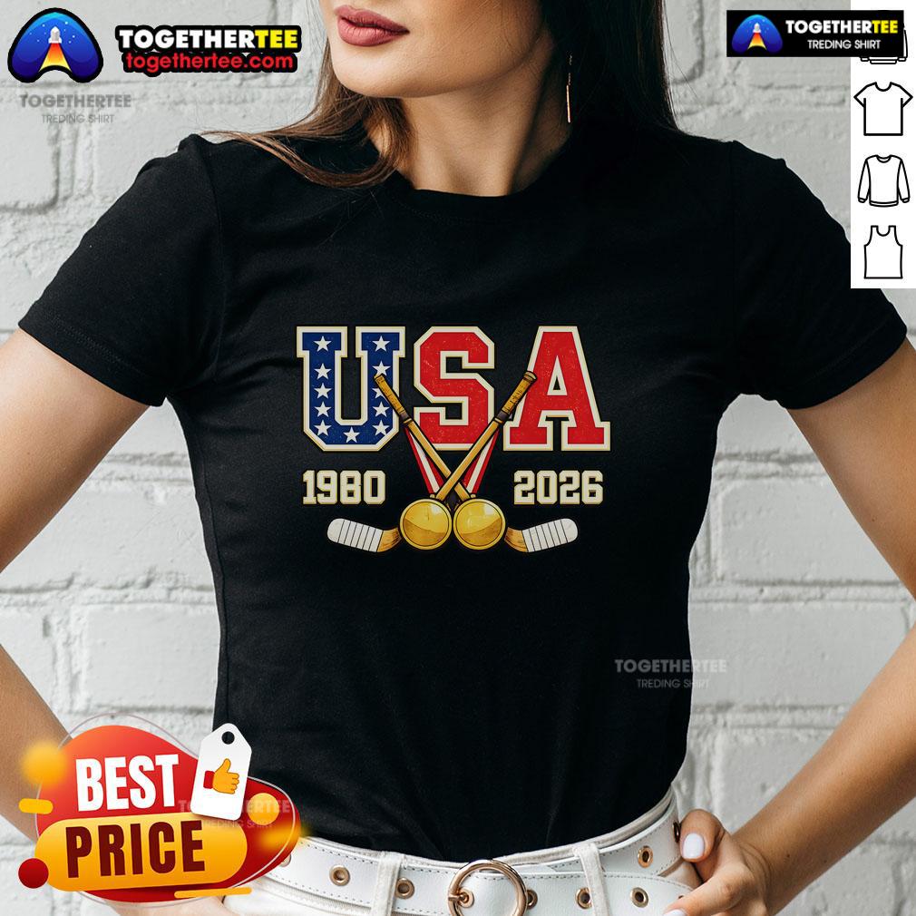 Official 1980 And 2026 Hockey Vintage Usa Champions Ladies Tee Official 1980 and 2026 Hockey Vintage USA Champions Ladies Tee showcasing patriotic design and classic style.