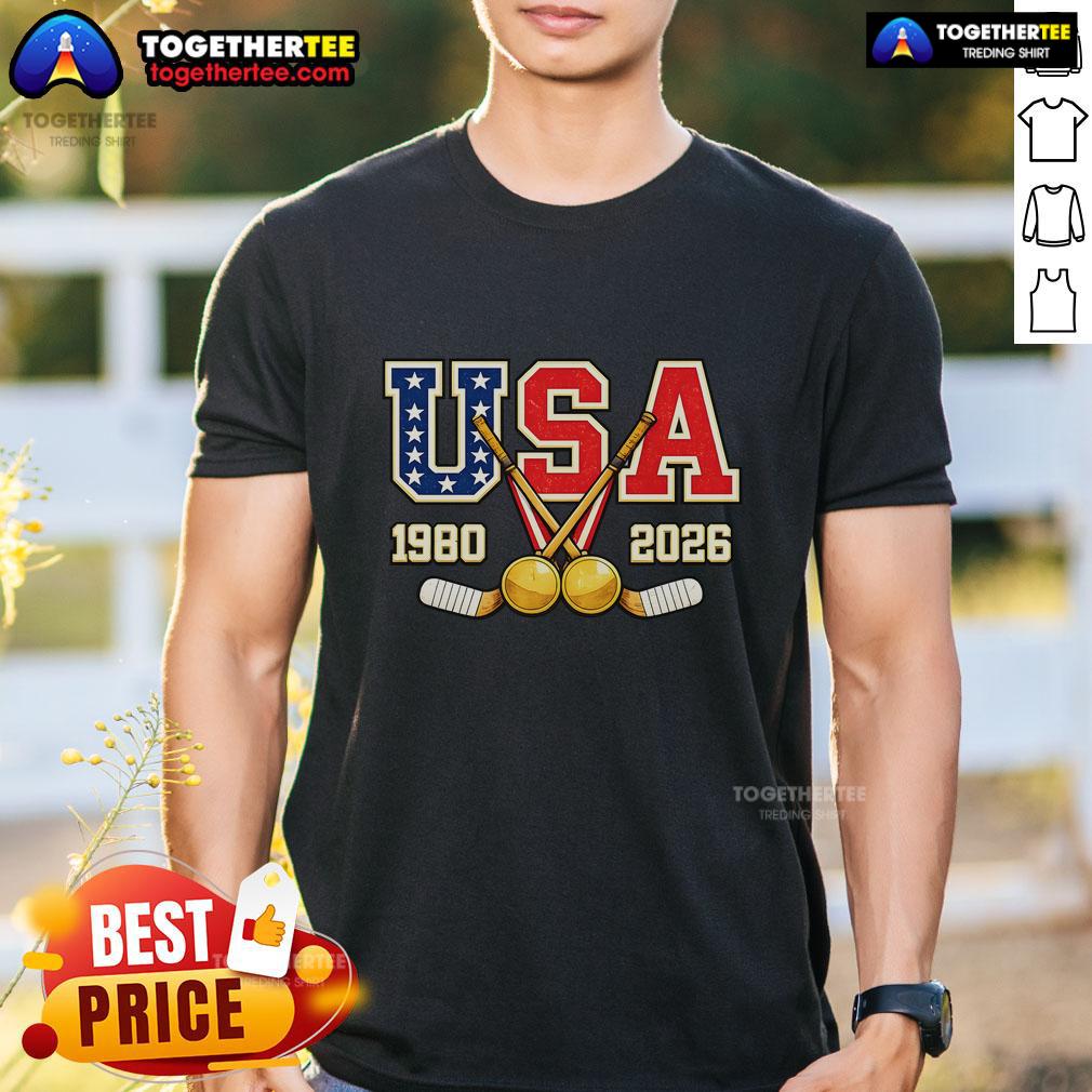 Official 1980 And 2026 Hockey Vintage Usa Champions T Shirt Alt Text: Official 1980 and 2026 Hockey Vintage USA Champions T-Shirt showcasing iconic designs celebrating USA hockey history.