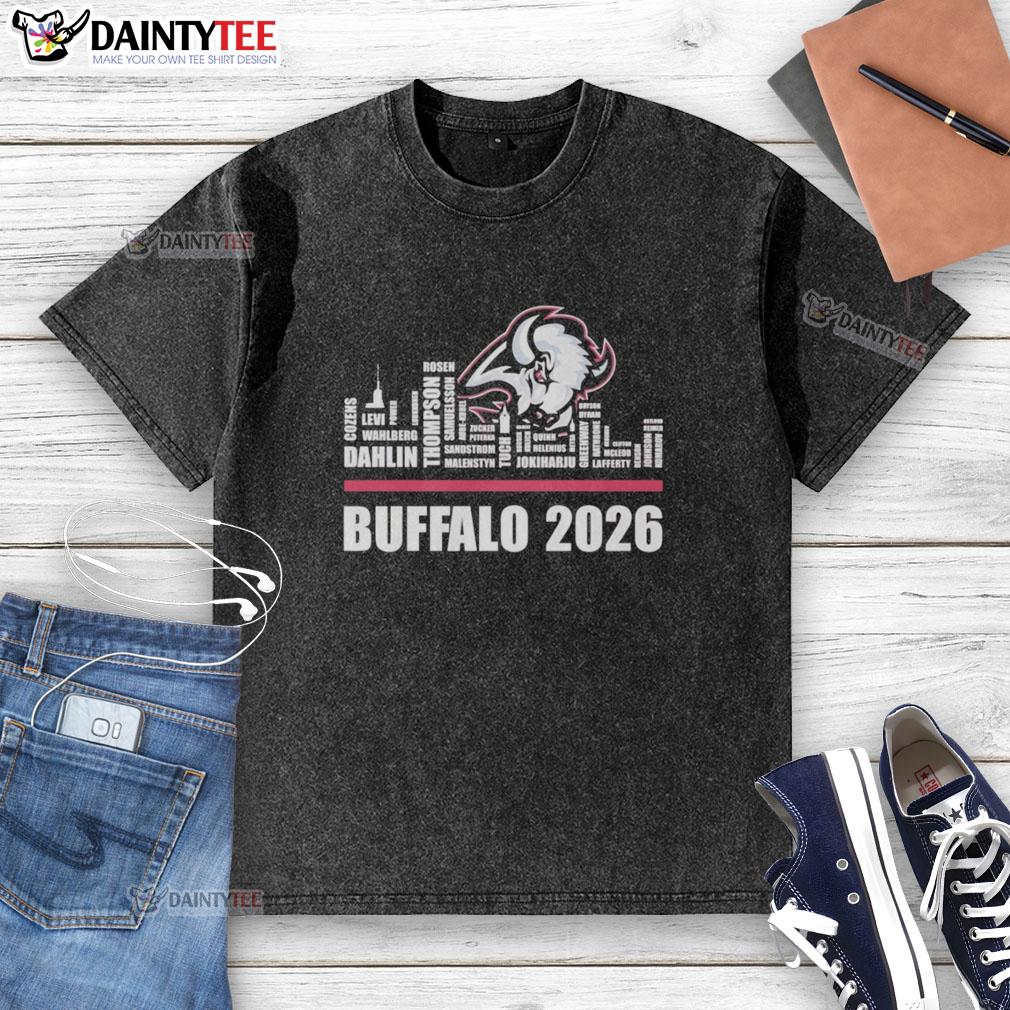 official-buffalo-sabres-2026-nhl-name-of-players-city-skyline-shape-washed-t-shirt Alt Text: Official Buffalo Sabres 2026 NHL player names skyline shape washed t-shirt, featuring a stylish city design.