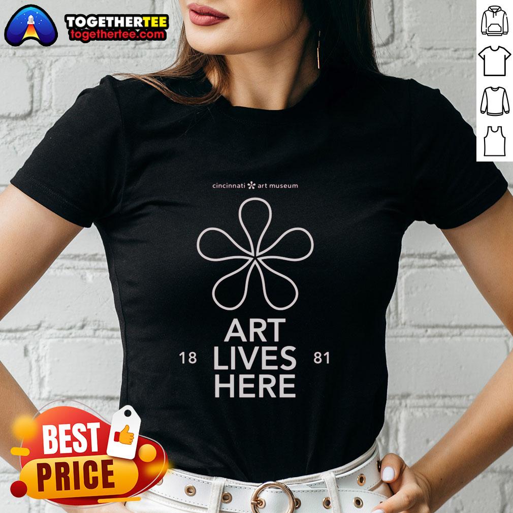 Official Cincinnati Art Museum Art Lives Here Ladies Tee Alt Text: Official Cincinnati Art Museum 'Art Lives Here' ladies tee featuring vibrant design and museum branding.