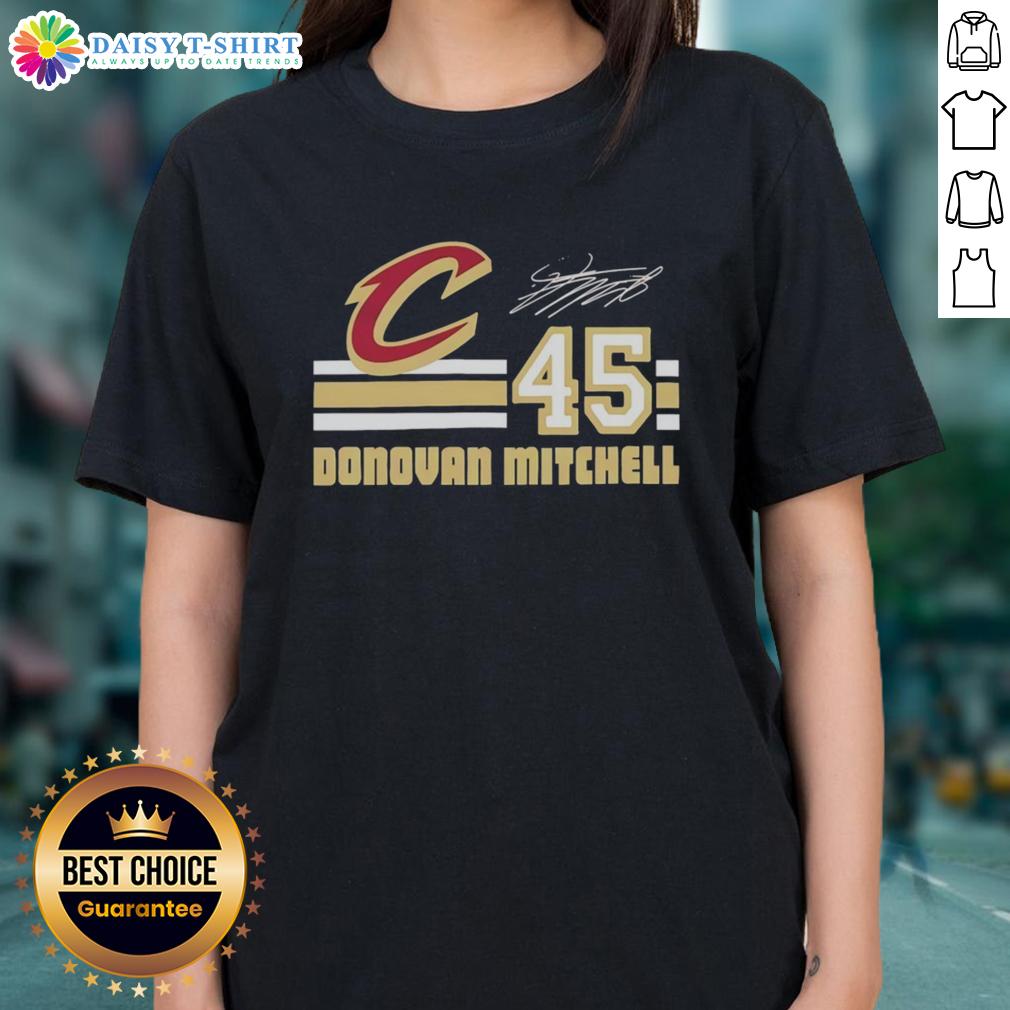 Official Donovan Mitchell Cleveland Cavaliers Signature Name And Number Ladies-Tee Alt Text: Official Donovan Mitchell Cleveland Cavaliers signature ladies tee featuring name and number design for fans.