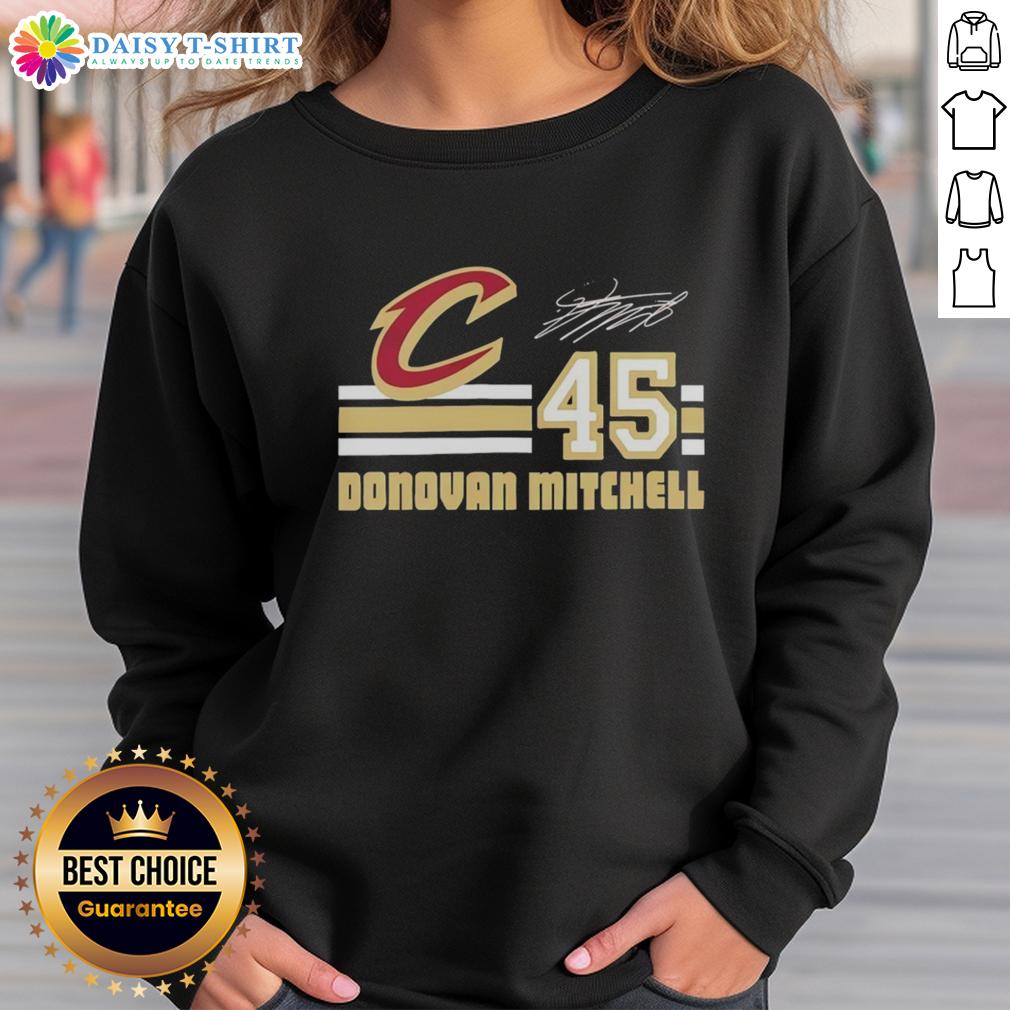 Official Donovan Mitchell Cleveland Cavaliers Signature Name And Number Sweatshirt Alt Text: Official Donovan Mitchell Cleveland Cavaliers signature sweatshirt featuring his name and number for fans.