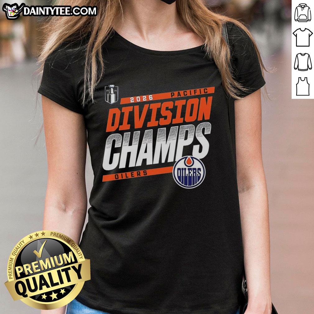 official-edmonton-oilers-hockey-2026-pacific-division-champions-ladies-tee Official Edmonton Oilers Hockey 2026 Pacific Division Champions Ladies Tee, featuring team logo and vibrant design.