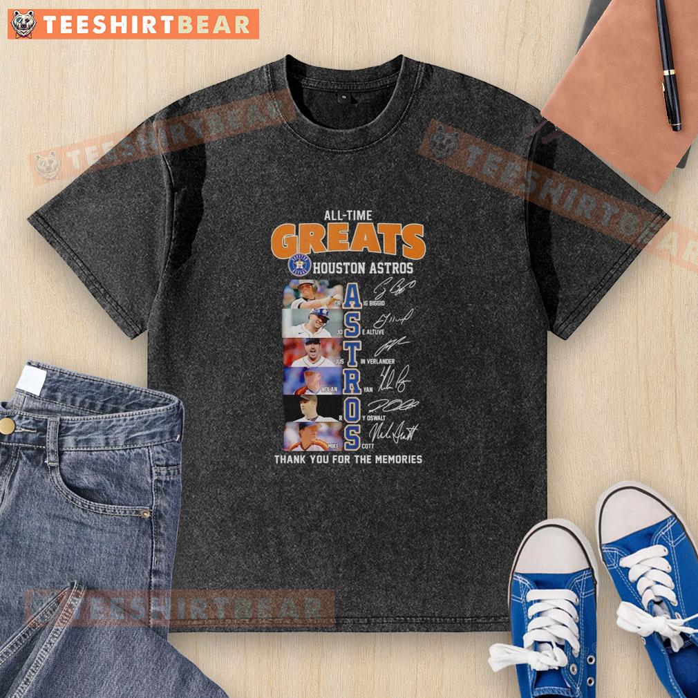 official-houston-astros-all-time-greats-names-and-signatures-of-player-washed-t-shirt Alt Text: Official Houston Astros all-time greats names and signatures t-shirt featuring player autographs and team logo.