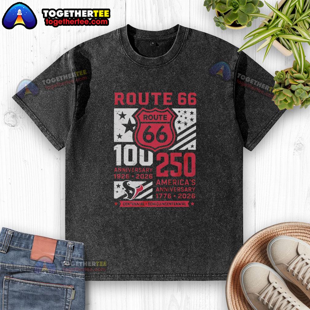 Official Houston Texans Route 66 Centennial 100th Anniversary 1926 2026 250th America Anniversary Washed T-Shirt Alt Text: Official Houston Texans Route 66 Centennial 100th Anniversary 1926-2026 washed t-shirt for fans and collectors.