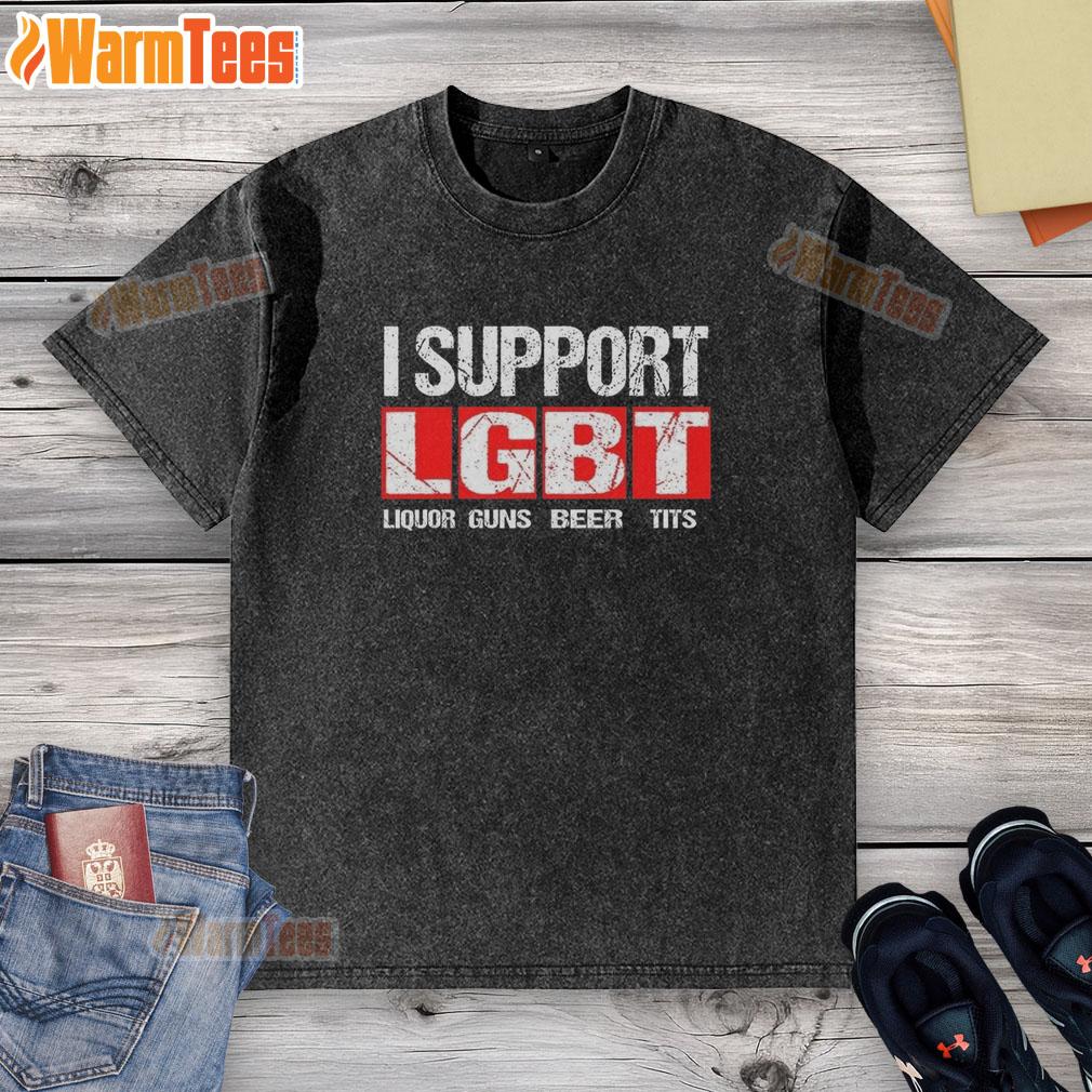 official-i-support-lgbt-liberty-guns-beer-tits-letter-washed-t-shirt Official I Support LGBT Liberty Guns Beer Tits lettered washed t-shirt in vibrant colors, perfect for casual wear.