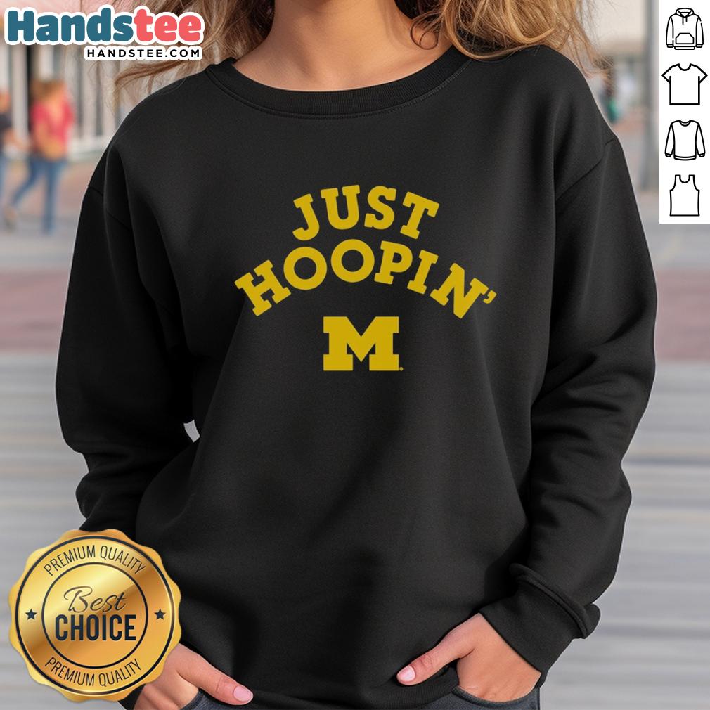 official-michigan-wolverines-just-hoopin-sweatshirt Official Michigan Wolverines Just Hoopin Sweatshirt in navy blue, perfect for fans and casual wear.