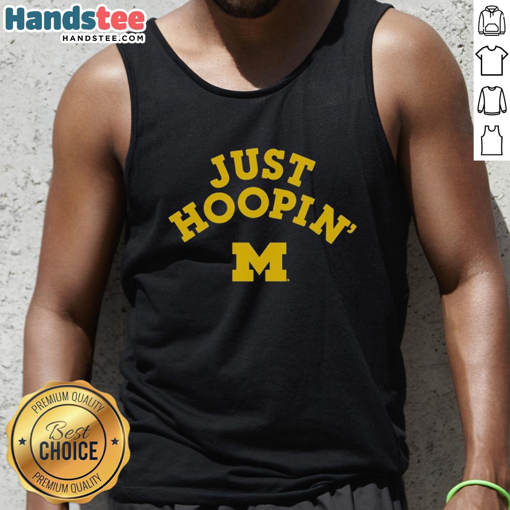 official-michigan-wolverines-just-hoopin-tank-top Official Michigan Wolverines Just Hoopin Tank Top in blue, perfect for fans and casual wear. Show your team spirit!