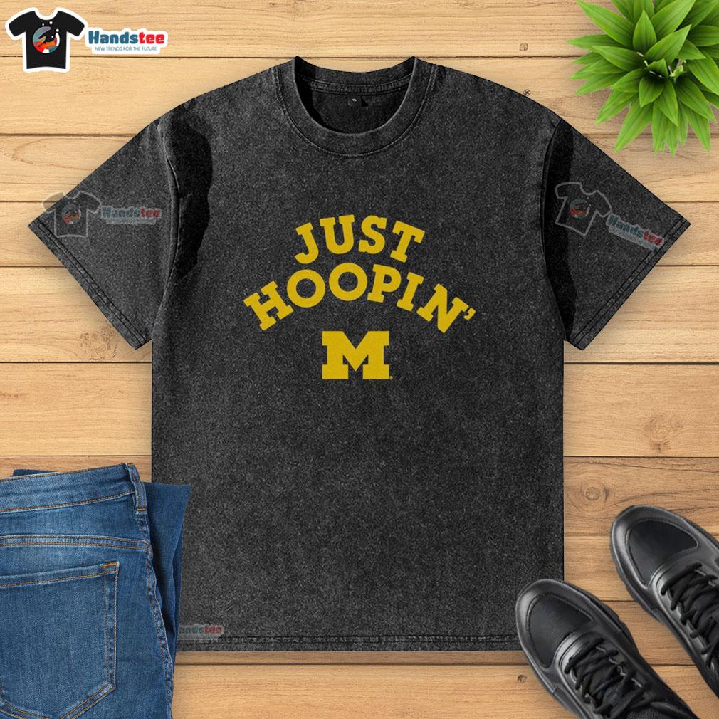 official-michigan-wolverines-just-hoopin-washed-t-shirt Official Michigan Wolverines Just Hoopin' Washed T-Shirt in navy blue, featuring the iconic team logo for fans.
