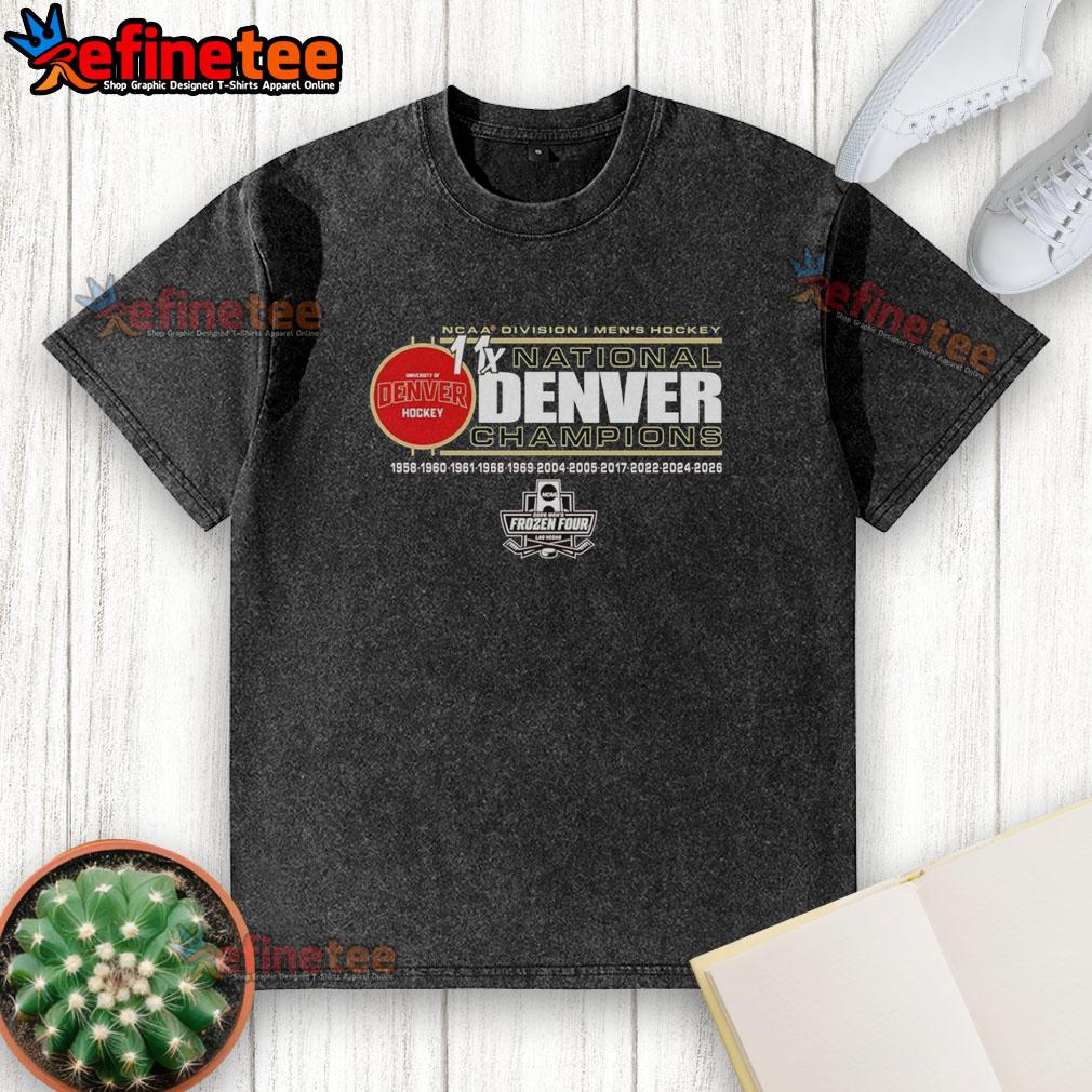 official-ncaa-division-i-mens-hockey-national-champions-denver-pioneers-hockey-2026-washed-t-shirt 2026 NCAA Division I Men's Hockey National Champions Denver Pioneers washed t-shirt featuring team logo and colors.