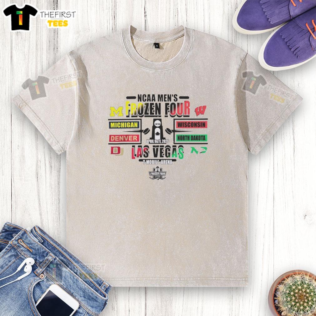 official-ncaa-hockey-2026-frozen-four-las-vegas-washed-t-shirt Official NCAA Hockey 2026 Frozen Four Las Vegas washed t-shirt featuring team logos and vibrant colors for fans.