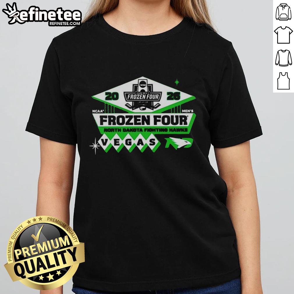 official-north-dakota-fighting-hawks-mens-hockey-2026-ncaa-frozen-four-vegas-logo-ladies-tee Alt Text: Official North Dakota Fighting Hawks Men's Hockey 2026 NCAA Frozen Four Vegas logo on a ladies tee shirt.
