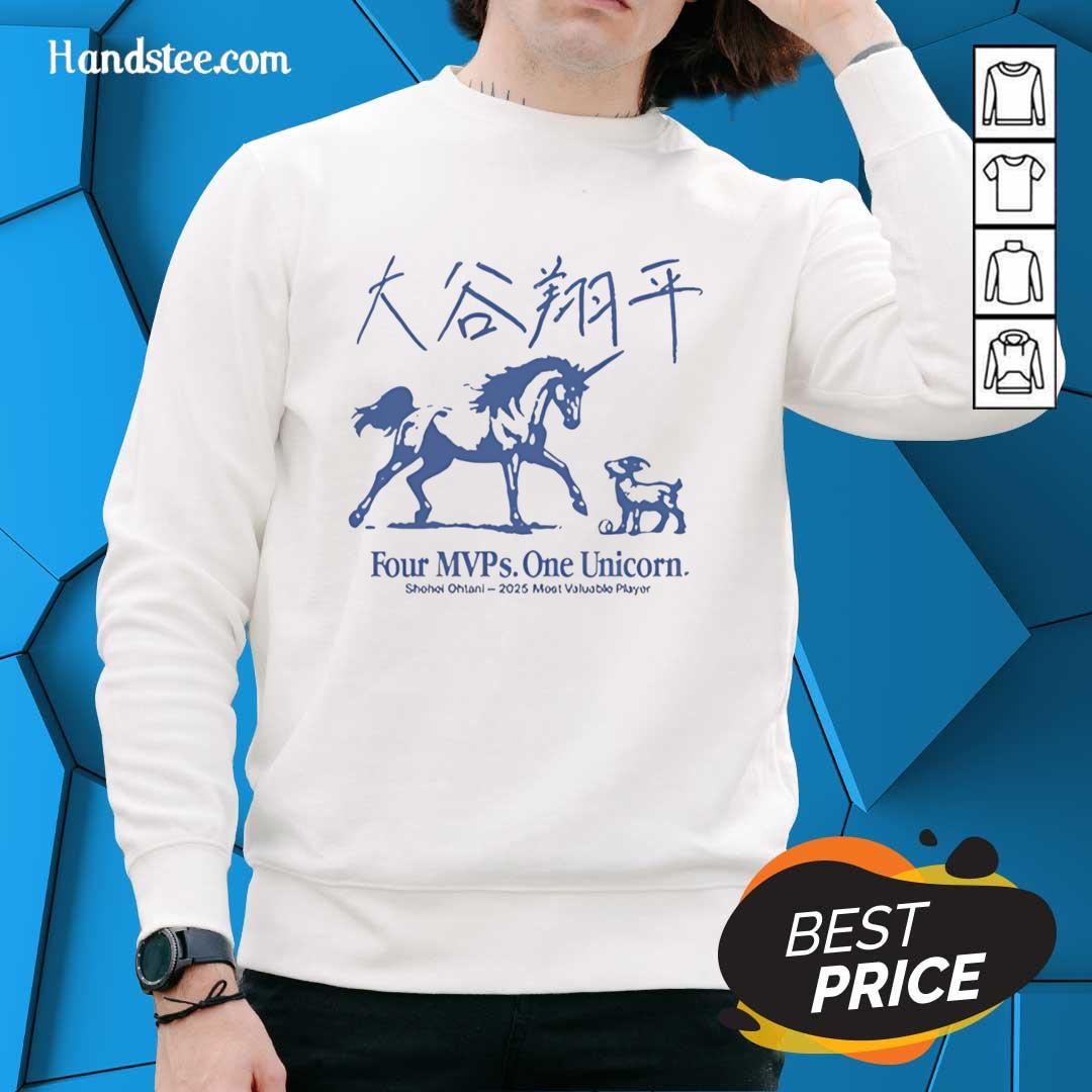 official-shohei-ohtani-2025-most-valuable-player-four-mvps-one-unicorn-sweatshirt Official Shohei Ohtani 2025 MVP sweatshirt featuring 'Four MVPs One Unicorn' design, perfect for baseball fans.