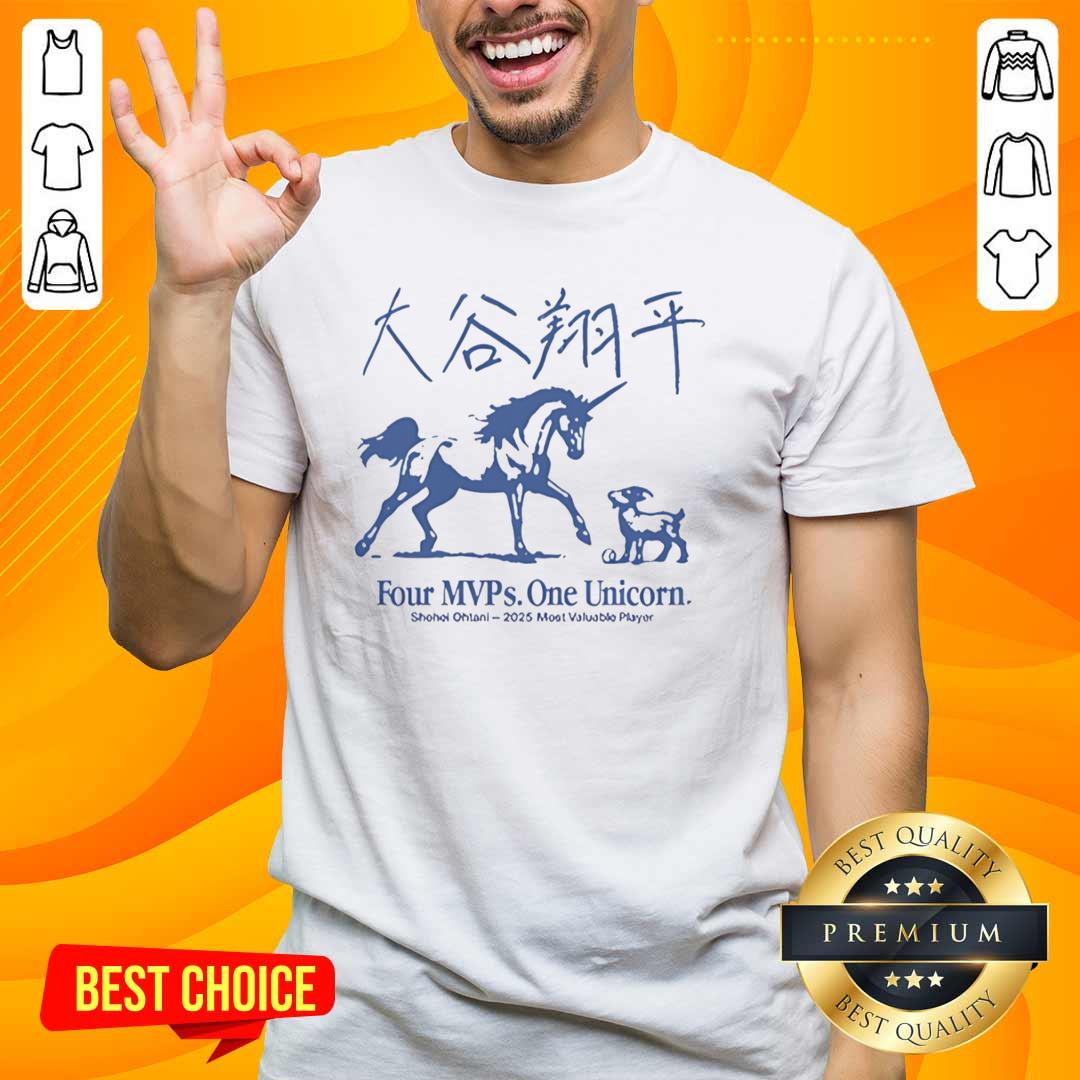 official-shohei-ohtani-2025-most-valuable-player-four-mvps-one-unicorn-t-shirt Alt Text: Shohei Ohtani 2025 MVP T-shirt featuring 'Four MVPs One Unicorn' design, celebrating Ohtani's unique achievements.