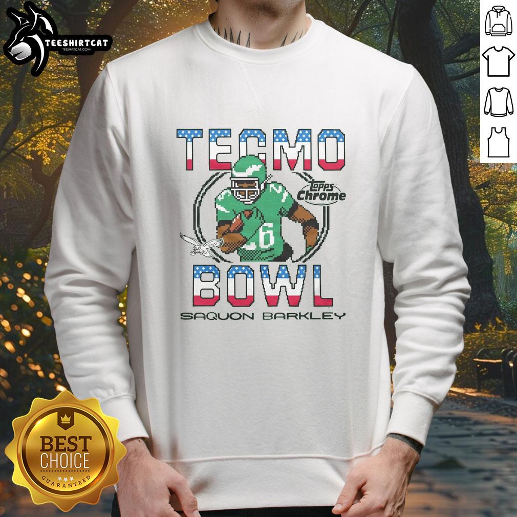 official-tecmo-bowl-x-topps-chrome-eagles-saquon-barkley-sweatshirt Alt Text: Official Tecmo Bowl X Topps Chrome Eagles sweatshirt featuring Saquon Barkley, perfect for sports fans and collectors.