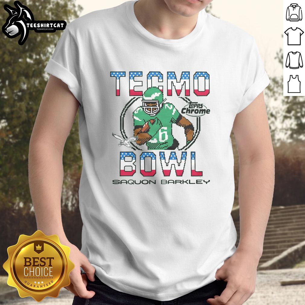official-tecmo-bowl-x-topps-chrome-eagles-saquon-barkley-t-shirt Alt Text: Official Tecmo Bowl X Topps Chrome Eagles Saquon Barkley T-Shirt featuring vibrant graphics and team colors.